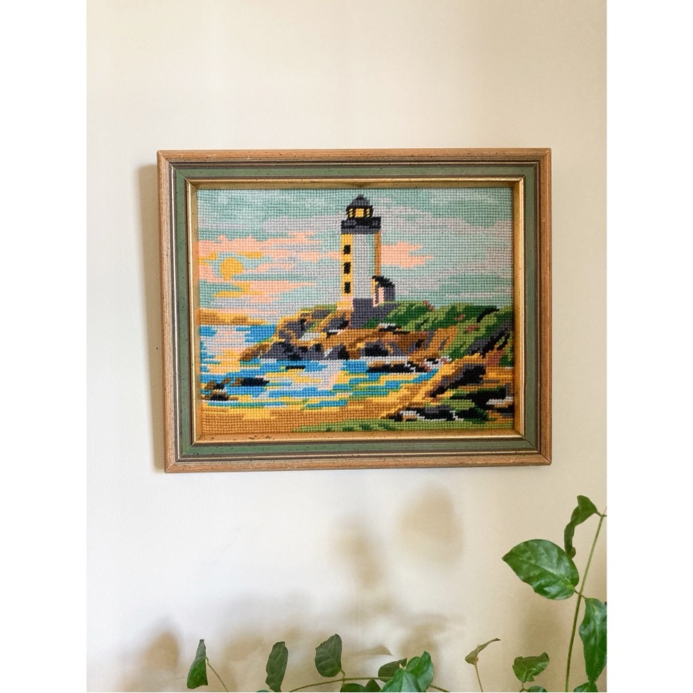 Vintage Framed Lighthouse Needlepoint 1976 Coastal Beach Cottage Wall Decor - Picture 5 of 11